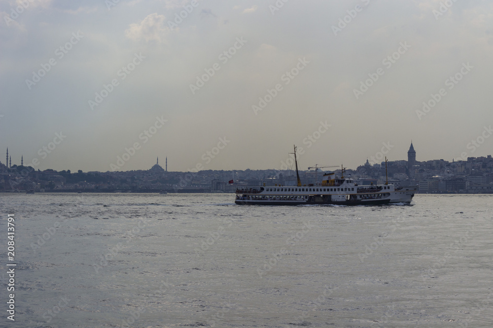 Steamboat with galata tower and city istanbul background. Steamboat with galata tower and city istanbul background.