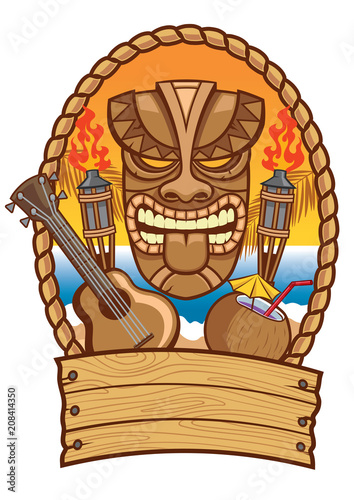 tiki mask with ukulele and coconut