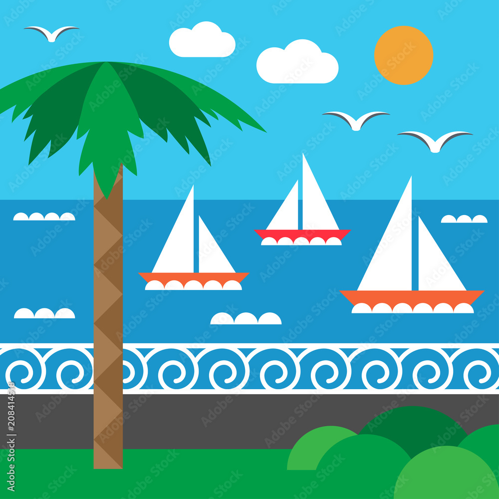 Sailing regatta and seashore. Yachting. Seashore and palm. Set of elements in flat style Sailing regatta and seashore. Yachting. Seashore and palm. Set of elements in flat style