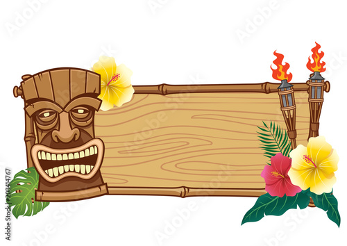 tiki mask and wooden frame for text