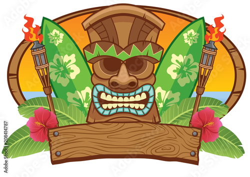 tiki mask with surfing board