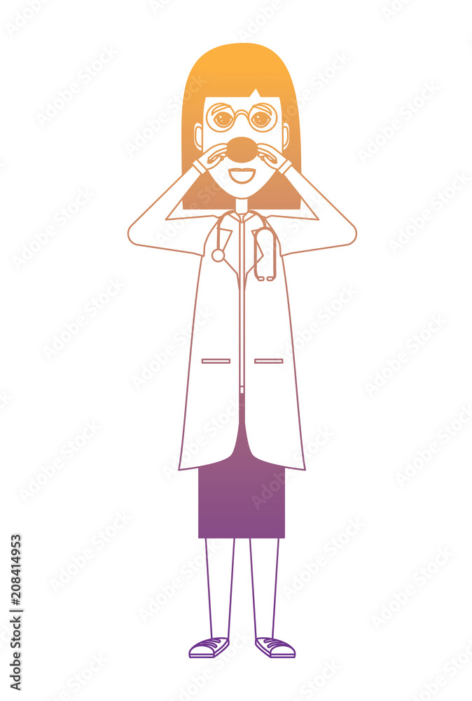 woman doctor standing and touching her red nose icon over white background, vector illustration woman doctor standing and touching her red nose icon over white background, vector illustration