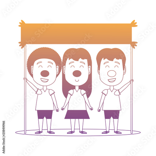 cartoon kids with red noses and holding a blank board over white background, vector illustration
