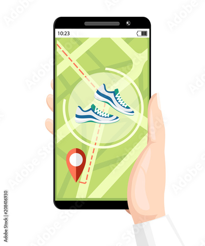 Fitness tracker concept. Smartphone mobile app shows way. Wristband with steps counter. Vector illustration on background texture. Place for your text. Website page design