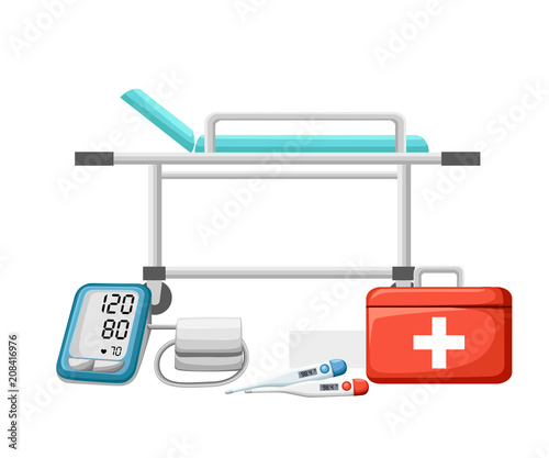 Medical items. Thermometer, tonometer, first aid kit and hospital bed. Vector illustration on white background
