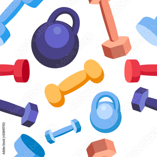 Seamless pattern. Weight and dumbbells training equipment. Sports collection in various colors. Flat vector illustration on white background