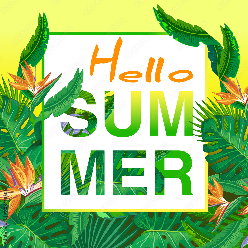 Fototapeta premium Hello Summer vector banner design with Tropical palm leaves, plants. Negative space trend. Summer placard poster flyer invitation card. 