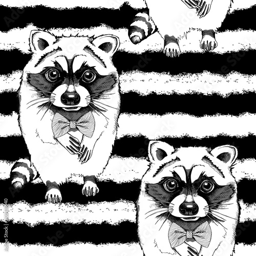 Seamless pattern with image of a Raccoon on a striped background. Vector black and white illustration.