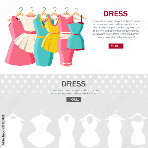 Set of colorful dresses and sundresses. Collection of women summer dresses. Clothes on hangers. Flat vector illustration on textured background. Web site page and mobile app design