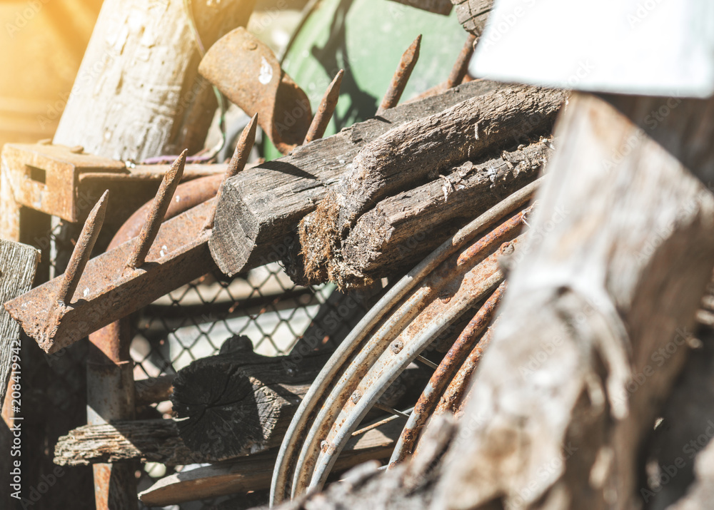 Old things and gardening tools in the barn Old things and gardening tools in the barn