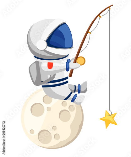 Cute astronaut illustration. Astronaut sits on the moon and fishes. Fishing rod with bait in the form of a star. Cartoon design style. Flat vector illustration isolated on white background