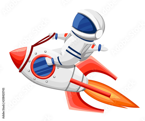 Cute astronaut illustration. Astronaut sits on rocket and flying through space. Cartoon design style. Flat vector illustration isolated on white background
