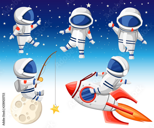 Cute astronaut collection. Astronaut sits on rocket, astronaut sits on moon and fishing and three dancing astronauts. Cartoon design style. Flat vector illustration on sky background