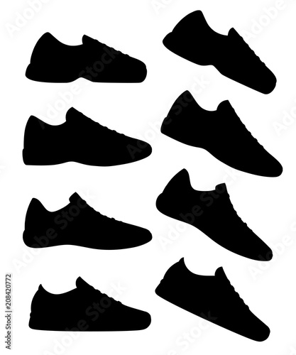 Black silhouette. Sneaker shoe. Athletic sneakers vector illustration, fitness sport. Fashion sport wear, everyday sneakers. Vector illustration isolated on white background