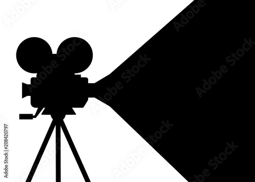 Black silhouette. Retro movie projector. Cartoon vector illustration. Film projector with film reels. Vector illustration isolated on white background
