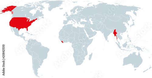Map of countries officially not using metric units. Liberia, Myanmar and the United States of America using the Imperial system. Infographics. Isolated illustration on white background. Vector.