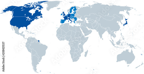 G7  Group of Seven  map. Worlds largest advanced economies. Canada  France  Germany  Italy  Japan  United Kingdom  United States. Attended by Council President of European Union  light blue. Vector.