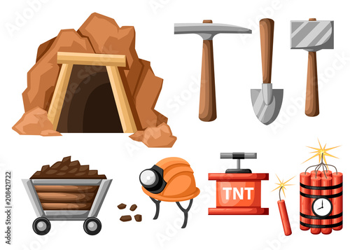 Mining icon set. Cartoon mine entrance, and tools for mining and quarrying. Retro tunnel. Old mine. Flat vector illustration isolated on white background