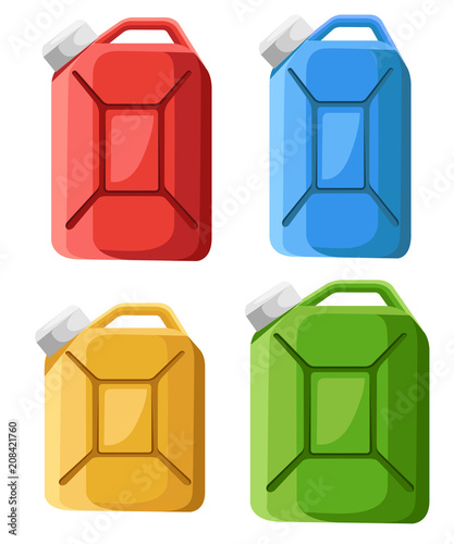 Set of fuel canister icon. Fuel container jerrycan. Colorful gasoline canister. Flat design style. Vector illustration isolated on white background