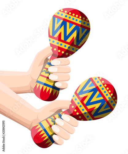 Vector illustration of hand holds colorful maracas. Pair maracas flat icon. Mexican maraca cartoon style. Vector illustration isolated on white background