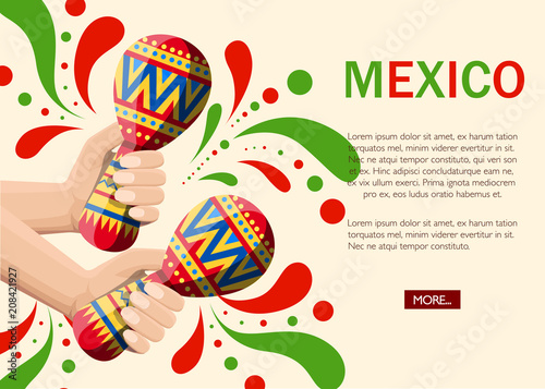 Vector illustration of hand holds colorful maracas. Pair maracas flat icon. Mexican maraca cartoon style. Vector illustration on beige background. Web site page and mobile app design. Place for text