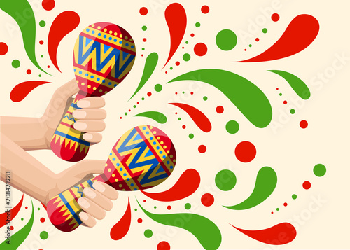 Vector illustration of hand holds colorful maracas. Pair maracas flat icon. Mexican maraca cartoon style. Vector illustration on beige background. Web site page and mobile app design
