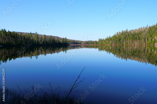 Landscape on a lake, wild forest reflected on the calm water by a peaceful, beautiful sunny morning in the North of Quebec, Canada at spring.