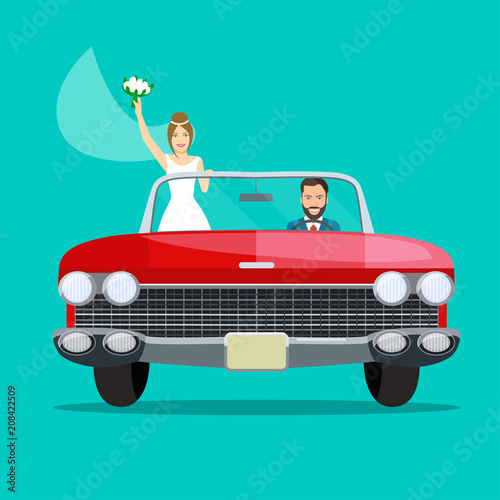 Happy Couple Couple in the cabriolet. Vector flat illustration