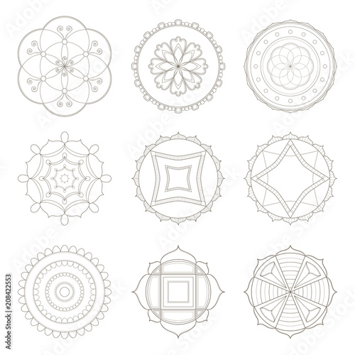 Collection of nine simple designs of mandala useful for coloring pages and books