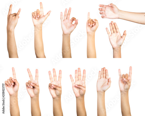 Clipping path of multiple female hand gesture isolated on white background. Isolation of hands count gesturing number or symbol on white background.