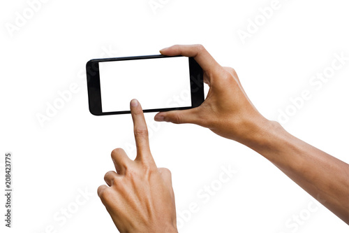 Man hand holding black horizontal smartphone with white screen for mock up design. isolated on white background. insert clipping path easy for use.