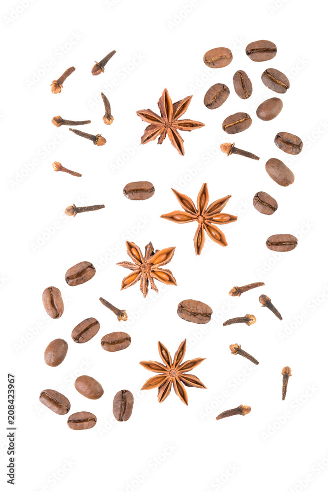 Anise star with cloves and coffee beans on white background top view Anise star with cloves and coffee beans on white background top view