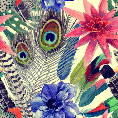 Seamless watercolor hand drawn seamless pattern with leaves, flowers, feathers.