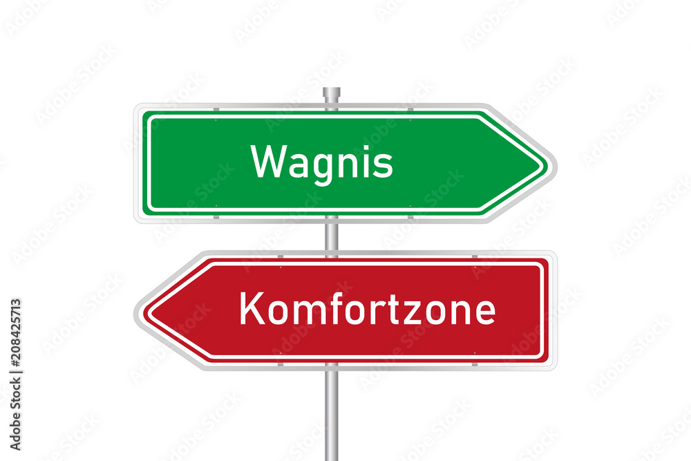 Rotes und grünes Straßenschild - Wagnis / Komfortzone Rotes und grünes Straßenschild - Wagnis / Komfortzone