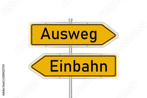 Zwei gelbe Straßenschilder - Ausweg / Einbahn