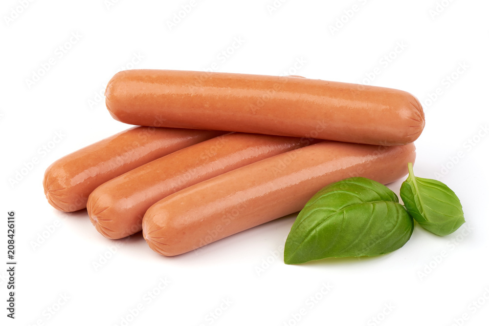 Fresh boiled sausages with basil, isolated on white background. Fresh boiled sausages with basil, isolated on white background.