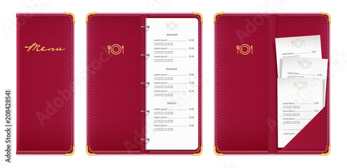Red covered menu book with check. Concept design for restaurant
