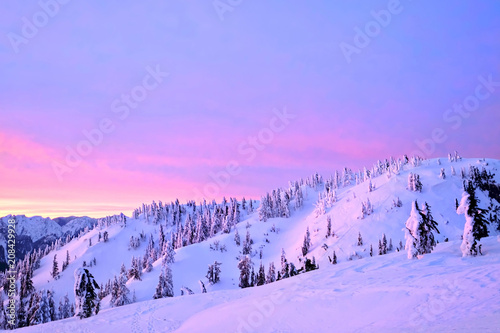 Travel Vancouver. Skiing in  Mount  Seymour Provincial Park in winter at sunset. North Vancouver. British Columbia. Canada. photo