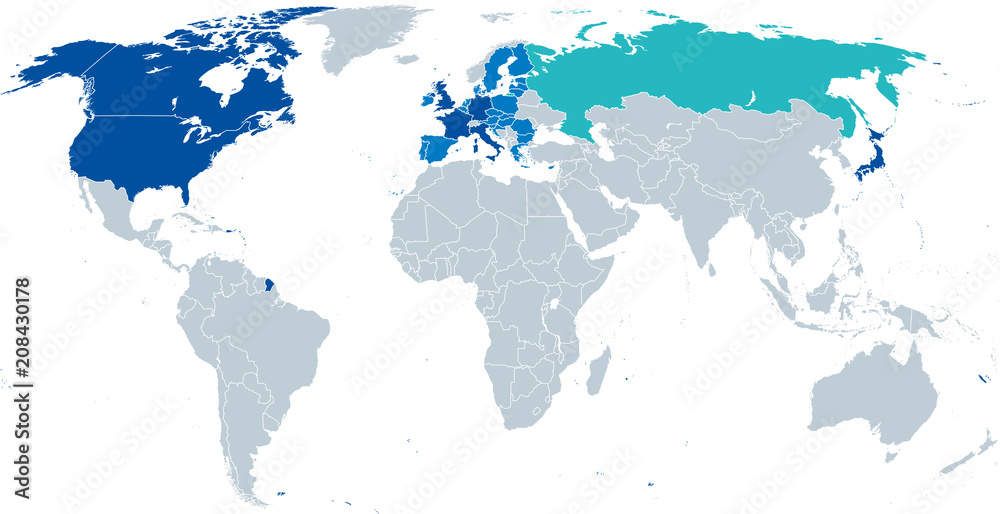 G8, Group of Eight, map. Reformatted in 2014 as G7. Worlds largest advanced economies. Suspended Russia, turquoise. Remaining members, dark blue. Attending Council President of EU, light blue. Vector.