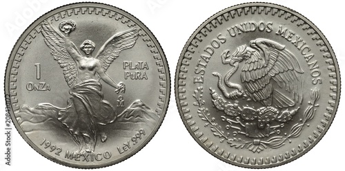 Mexico Mexican coin-like round silver bar 1 one ounce 1992, half-naked winged female figure holding wreath and broken chain, mountains behind, eagle on cactus catching snake,
