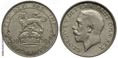 United Kingdom British silver coin 1 one shilling 1920, lion on crown, date below, George V head left, 
