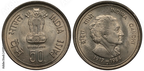 India Indian coin 50 fifty paise 1984, subject prime-minister Indira Gandi, kapitel with lions and lotus flower, Indira Gandi head right, photo