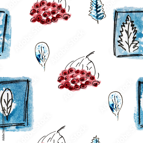 Seamless pattern with navy blue tree, rowan berries in winter. Hand drawn freehand black, cold blue and white illustration. Grunge sketch scribble graphic style. Fabric print. Stapm style pattern. photo