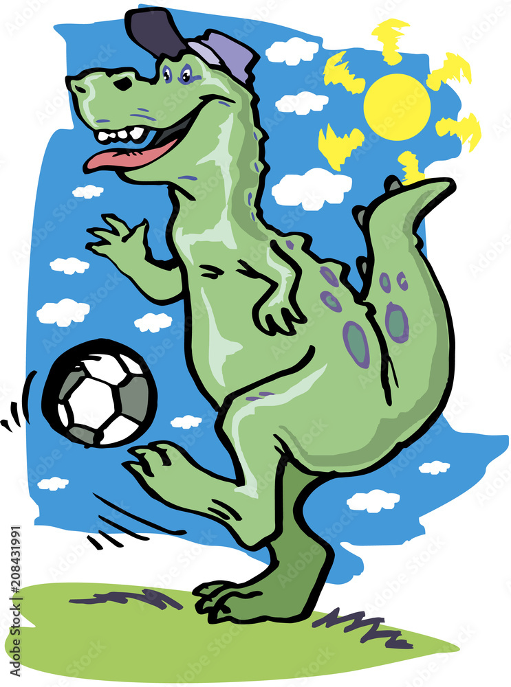 Obraz premium Vector illustration of cartoon funny dinosaur playing football
