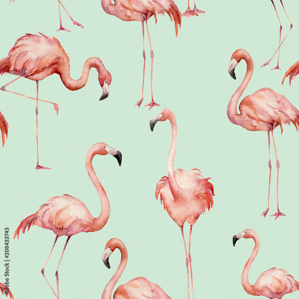 Obraz premium Watercolor flamingo pattern. Hand painted bright exotic birds isolated on blue background. Wild life illustration for design, print, fabric or background.
