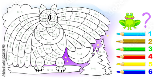 Educational page with exercises for children on addition and subtraction. Need to solve examples and to paint the image in relevant colors. Developing skills for counting. Vector image.
