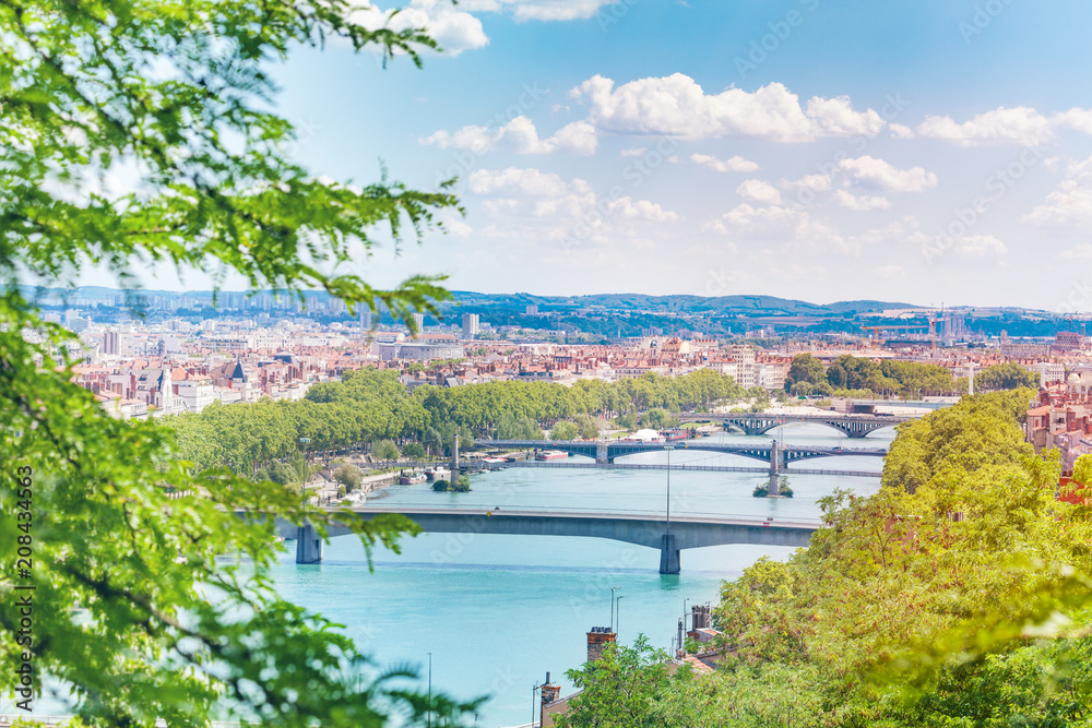 Cityscape of Lyon with bridges across the Rhone
