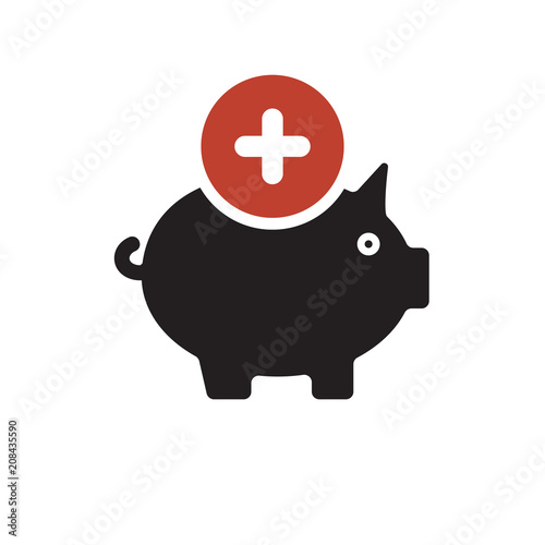 Piggy bank icon, business icon with add sign. Piggy bank icon and new, plus, positive symbol