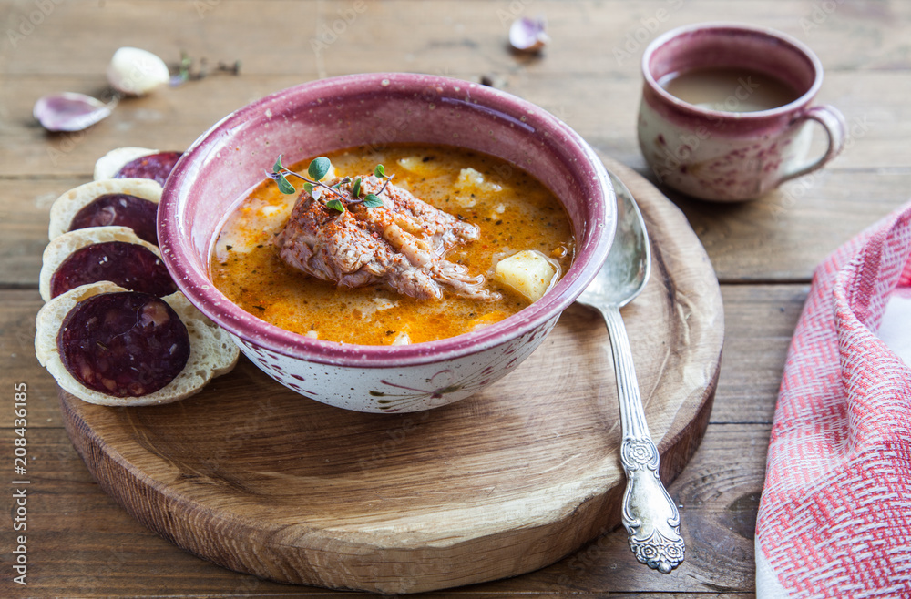 Goulash soup with meat and potatoes, close view, rustic style Goulash soup with meat and potatoes, close view, rustic style
