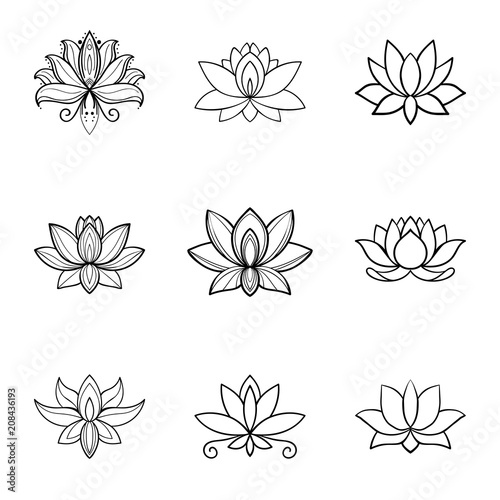 Fototapeta Naklejka Na Ścianę i Meble -  Set of lotus flower icons. Spa sign. Yoga design